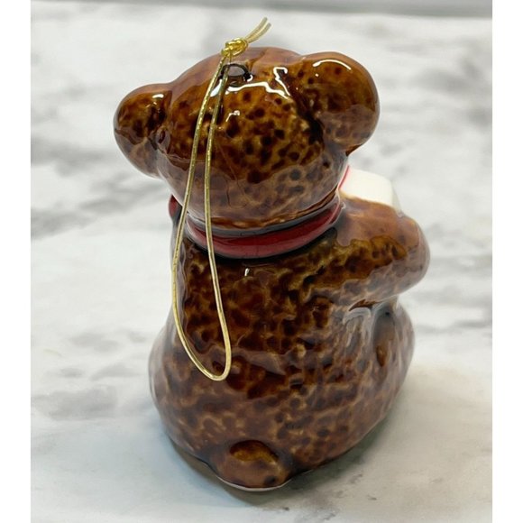 Vintage Teddy Bear Christmas Tree Ornament Ceramic Japan Holding Gift - Picture 2 of 7